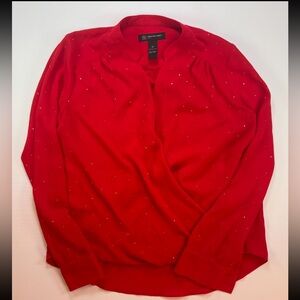 INC Red Crossover Rhinestone Studded Blouse Slight Sheer Back Sz 2 Petite
